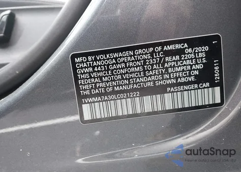 2020 Volkswagen Passat 2.0T R-Line из США, поврежденный, VIN 1VWMA7A30LC021222